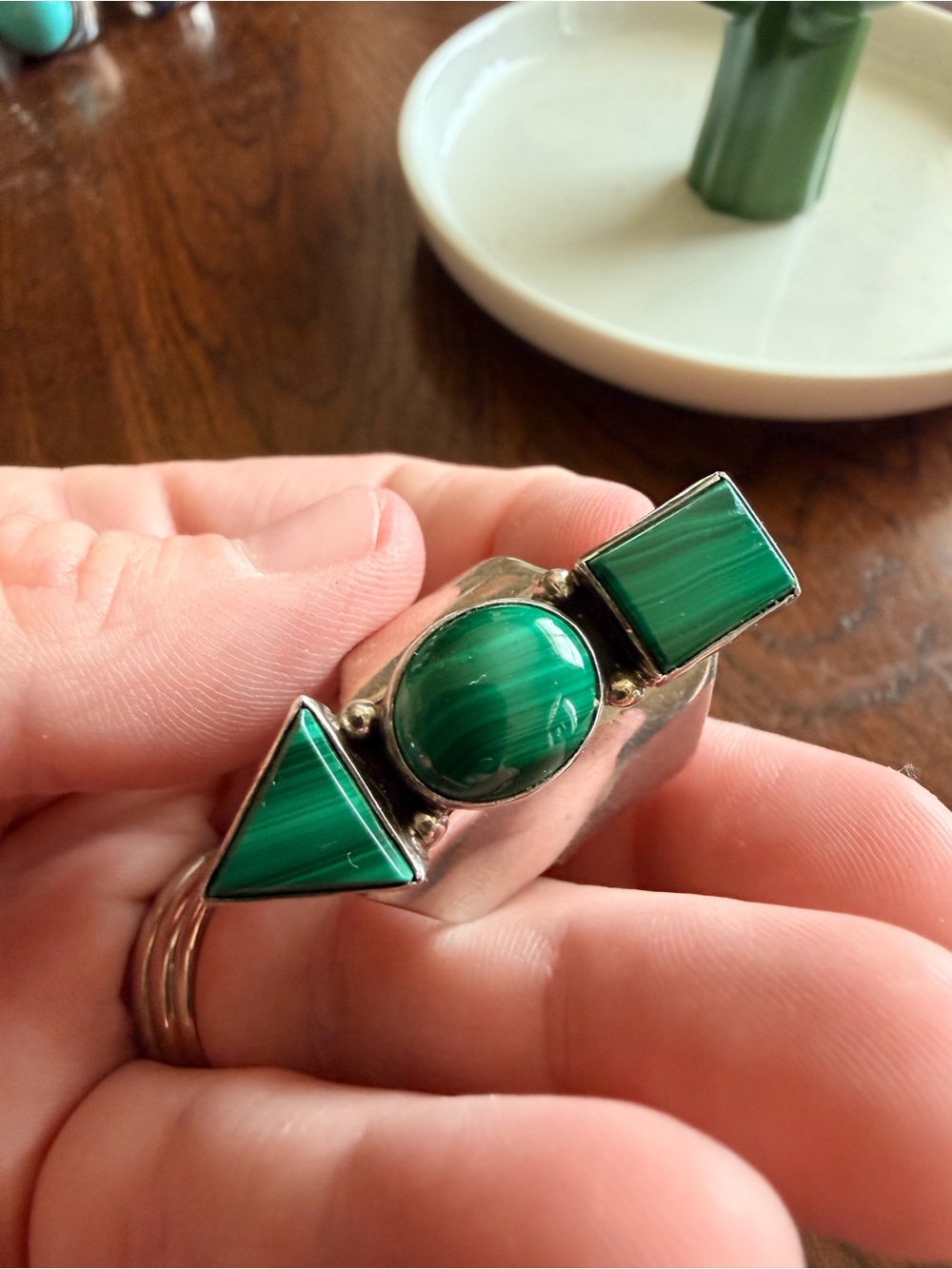 925 Vintage Stamped BOLD Green Malachite Fun Geometric Jay King Ring - Sz 8